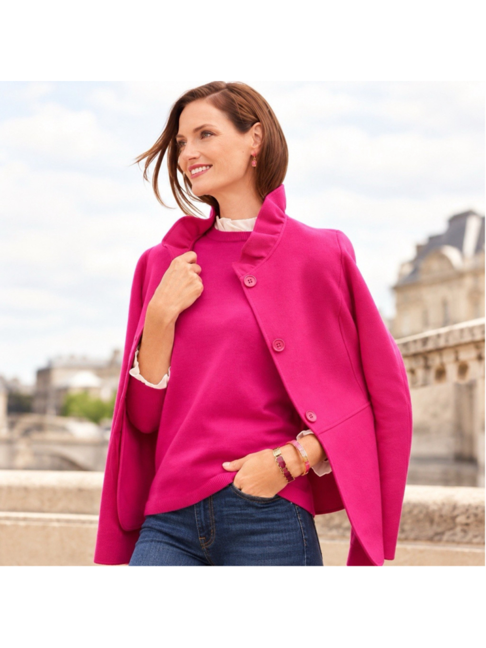 Talbots Ruffle Neck Hot Pink Minimalist Cozy Wool Jacket 20W